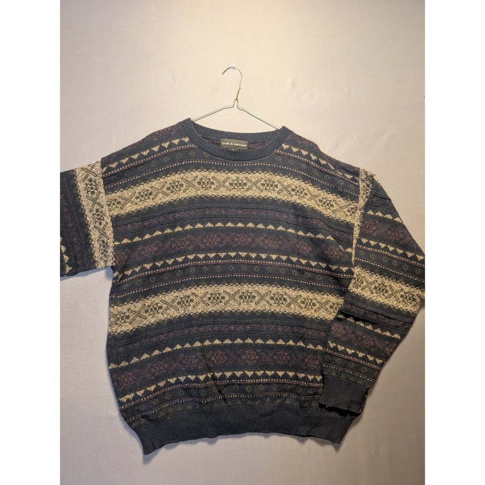 Vintage Croft & Barrow Sweater Mens XL Black Geometric Fair Isle Ribbed Trim Y2K